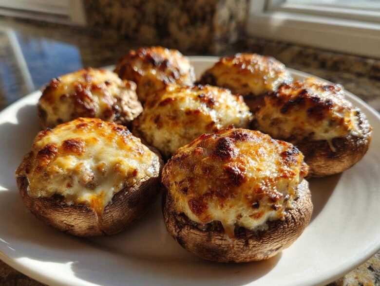 A close-up of several golden-brown, baked Sausage stuffed mushrooms topped with melted, browned cheese.