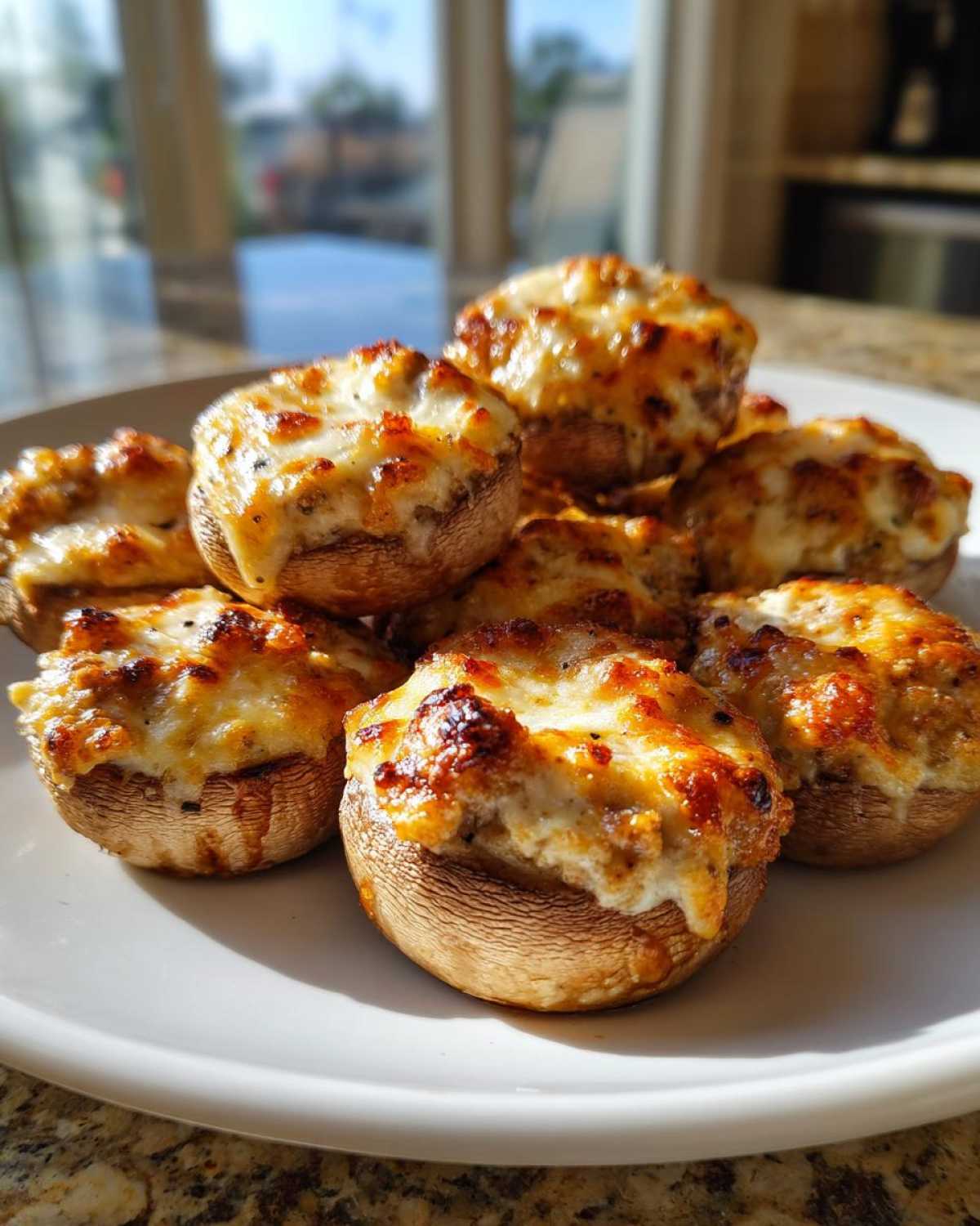 A pile of baked Sausage stuffed mushrooms topped with melted, browned cheese served on a white plate.