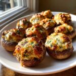 A plate of freshly baked sausage stuffed mushrooms with golden, melted cheese topping.