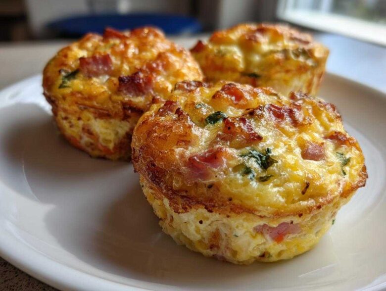 Three golden-brown, freshly baked Egg Muffin Cups with visible pieces of ham and green herbs served on a white plate.