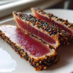 Three thick slices of perfectly Seared Ahi Tuna coated in black and white sesame seeds, showing a rare, deep red center.