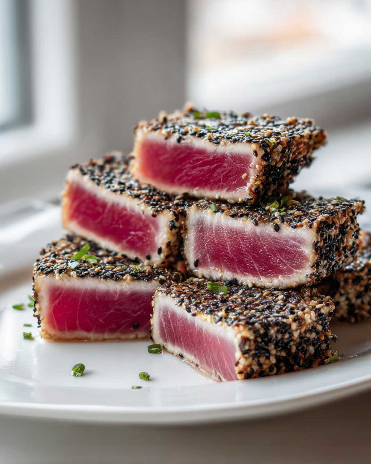 Stack of five perfectly cooked Seared Ahi Tuna pieces coated in sesame seeds, showing a bright pink center.