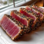 Four thick slices of perfectly seared ahi tuna, crusted with black and white sesame seeds, showing a rare center.