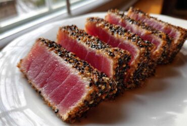 Four thick slices of perfectly seared ahi tuna, crusted with black and white sesame seeds, showing a rare center.
