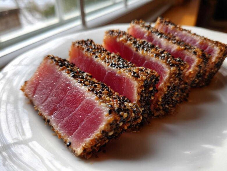 Four thick slices of perfectly seared ahi tuna, crusted with black and white sesame seeds, showing a rare center.