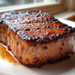 Close-up of a thick, perfectly seared tuna steak showing a dark, caramelized crust from a flavorful MARINADE FOR TUNA STEAK.