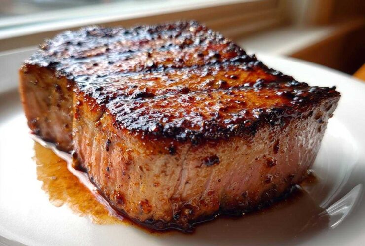 Close-up of a thick, perfectly seared tuna steak showing a dark, caramelized crust from a flavorful MARINADE FOR TUNA STEAK.