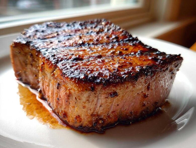 Close-up of a thick, perfectly seared tuna steak showing a dark, caramelized crust from a flavorful MARINADE FOR TUNA STEAK.