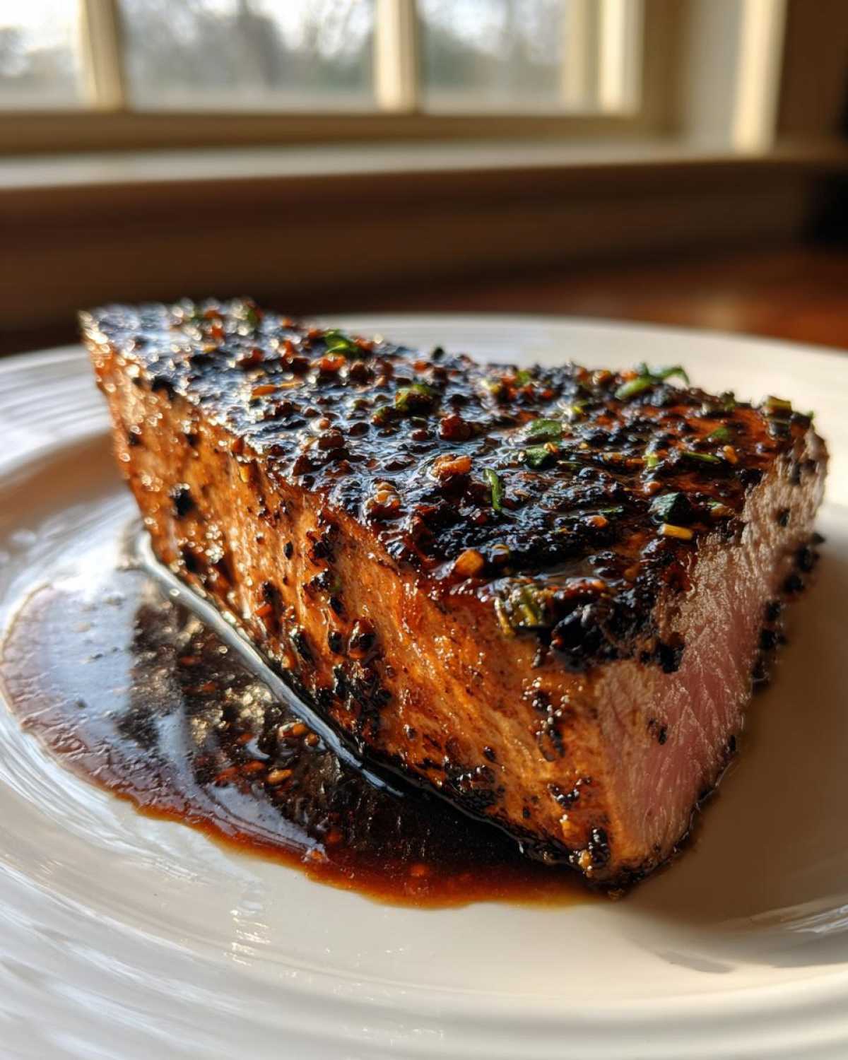 Close-up of a perfectly seared tuna steak, coated in a dark, glossy marinade for tuna steak, resting in its sauce.