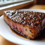 Close-up of a perfectly seared tuna steak coated in a thick, speckled marinade for tuna steak.