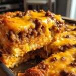 A close-up shot of a serving utensil lifting a cheesy, meaty slice of Dorito Casserole from the baking dish.
