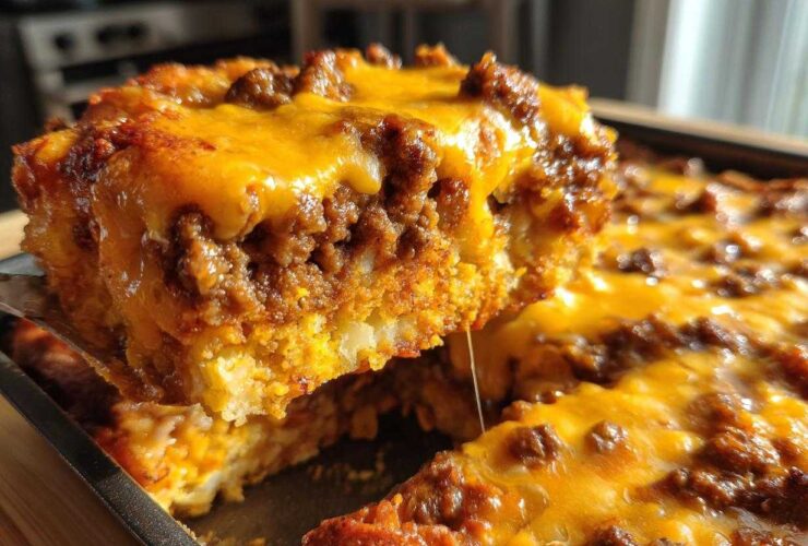 A close-up shot of a serving utensil lifting a cheesy, meaty slice of Dorito Casserole from the baking dish.
