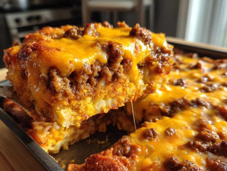 A close-up shot of a serving utensil lifting a cheesy, meaty slice of Dorito Casserole from the baking dish.