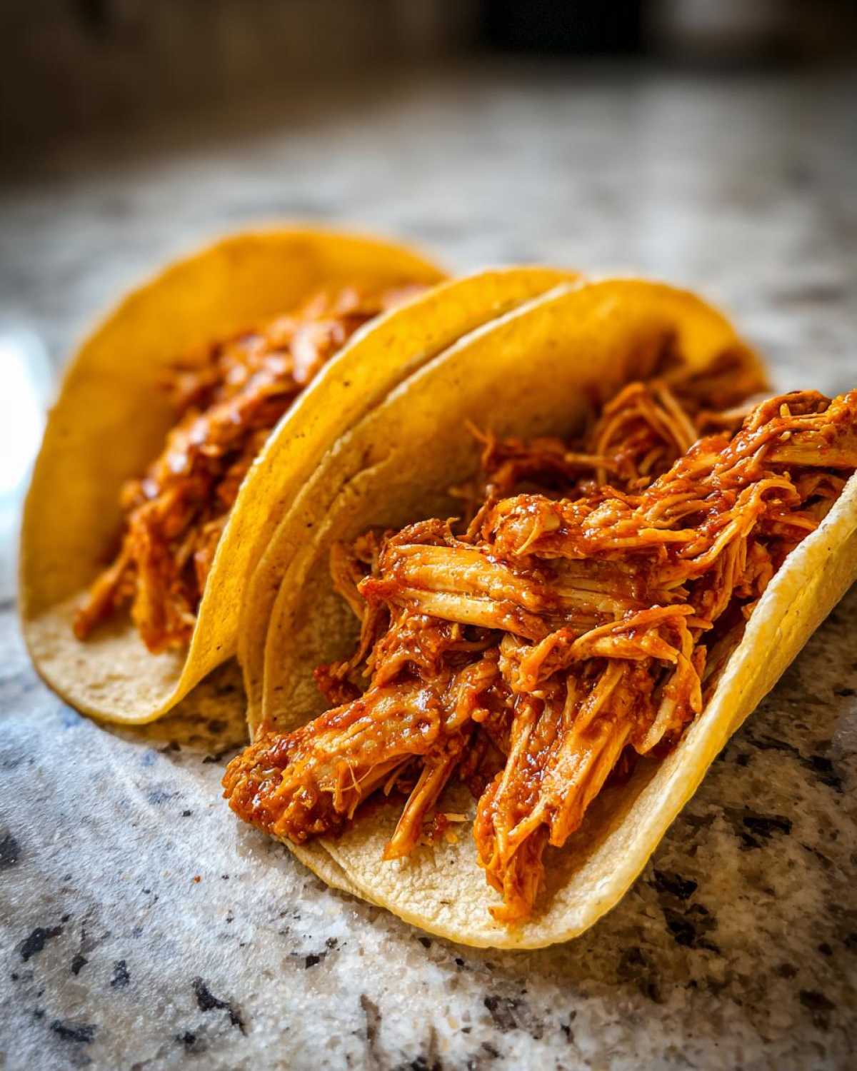 Close-up of two corn tortillas filled generously with saucy, shredded chicken for amazing chicken tacos.