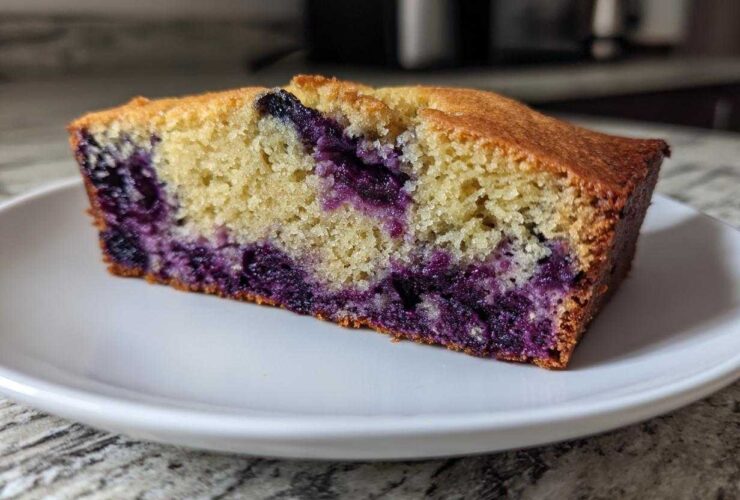Close-up of a moist slice of blueberry banana bread showing rich purple blueberries baked into the yellow crumb.