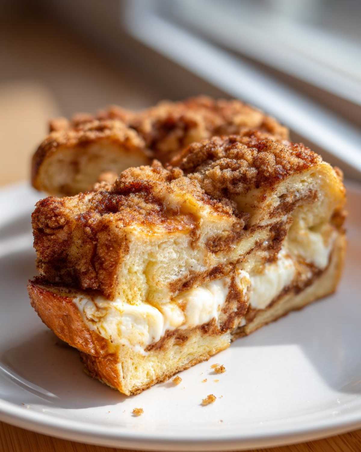 Close-up of a thick slice of french toast casserole featuring layers of cinnamon swirl and creamy filling, topped with brown sugar streusel.
