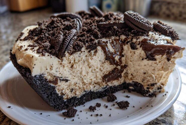 Close-up of a thick slice of creamy Oreo pie with a dark crust, topped with crushed cookies and whole Oreos.