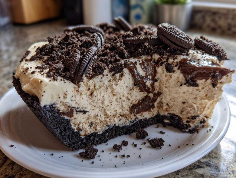 Close-up of a thick slice of creamy Oreo pie with a dark crust, topped with crushed cookies and whole Oreos.
