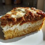 A thick slice of baked spaghetti pie showing layers of pasta, creamy filling, meat sauce, and melted cheese topping.