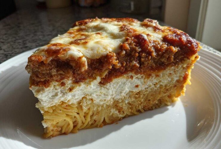 A thick slice of baked spaghetti pie showing layers of pasta, creamy filling, meat sauce, and melted cheese topping.