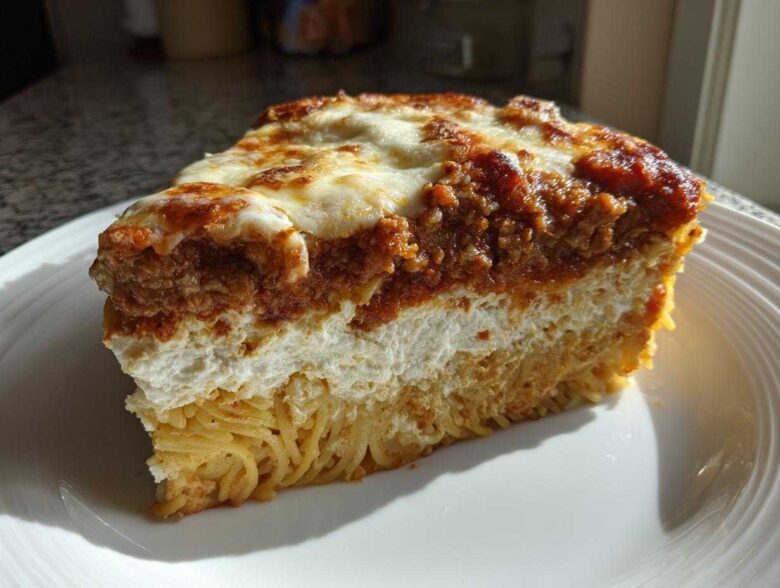 A thick slice of baked spaghetti pie showing layers of pasta, creamy filling, meat sauce, and melted cheese topping.