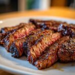 Close-up of perfectly cooked, medium-rare steak slices, glistening from the Carne asada marinade.
