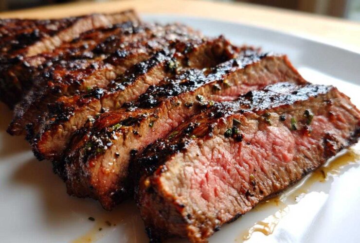 Close-up of sliced steak showing a medium-rare interior, coated in a dark, flavorful carne asada marinade.
