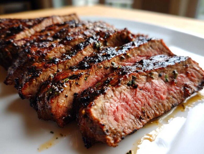 Close-up of sliced steak showing a medium-rare interior, coated in a dark, flavorful carne asada marinade.