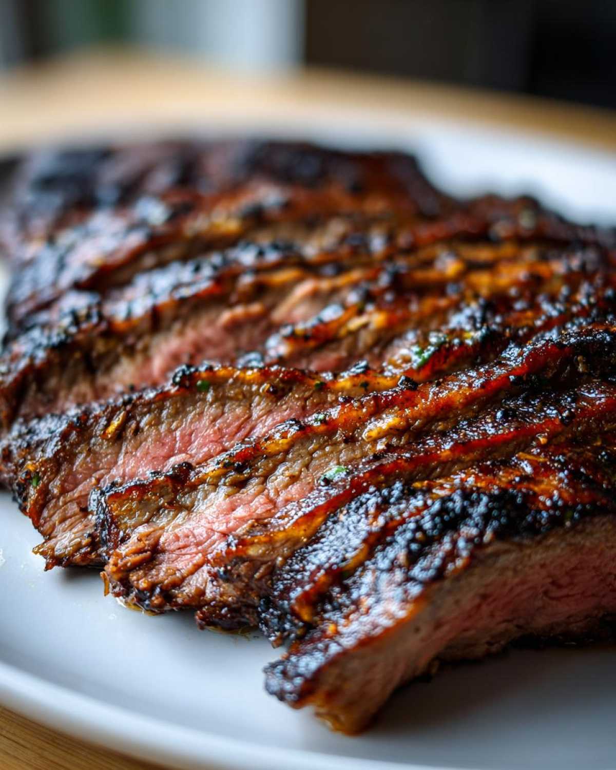 Close-up of medium-rare sliced steak showing char marks, achieved using the Carne asada marinade.