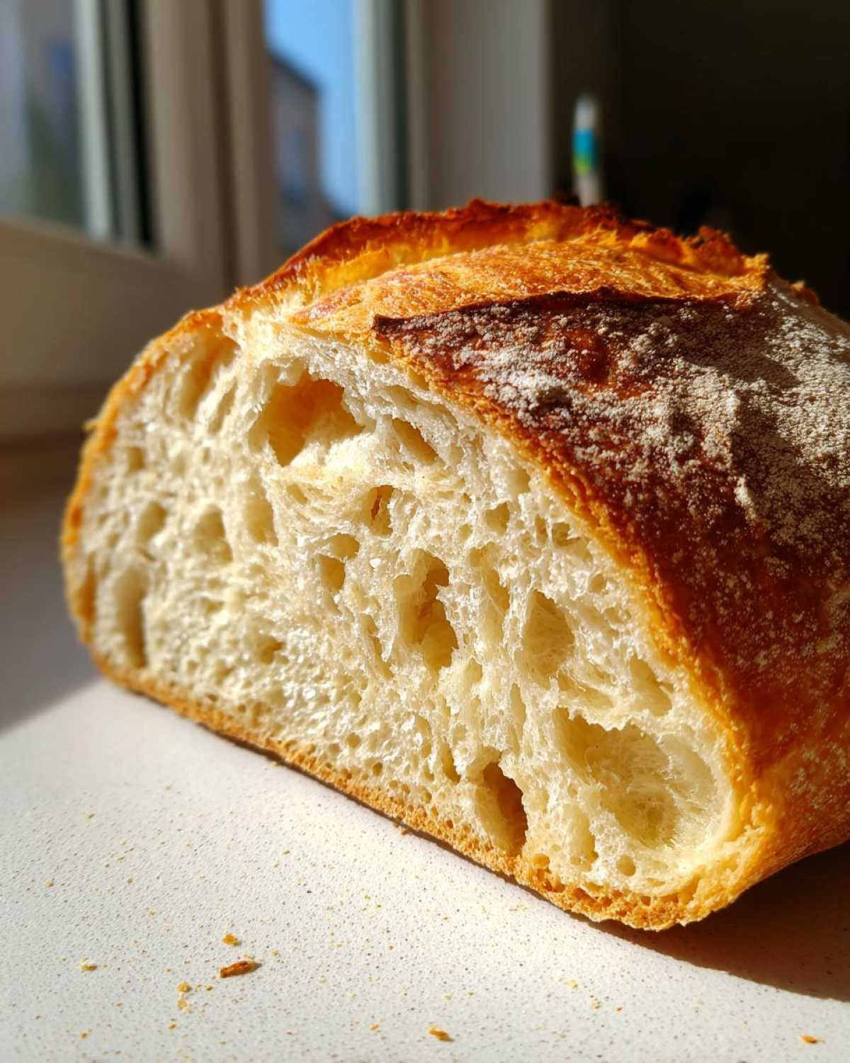 Close-up of a freshly baked piece of soft french bread showing a light, airy interior crumb structure.
