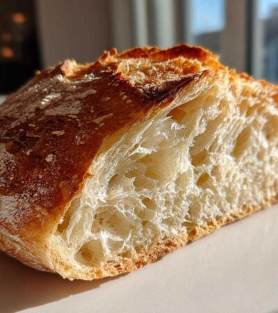 Close-up of a freshly baked french bread half showing a golden crust and airy, open interior crumb structure.