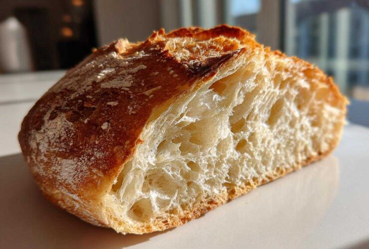 Close-up of a freshly baked french bread half showing a golden crust and airy, open interior crumb structure.