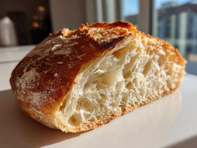 Close-up of a freshly baked french bread half showing a golden crust and airy, open interior crumb structure.
