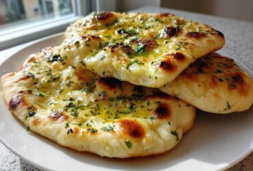 Three pieces of soft naan bread brushed with melted butter and topped with chopped parsley, resting on a white plate.