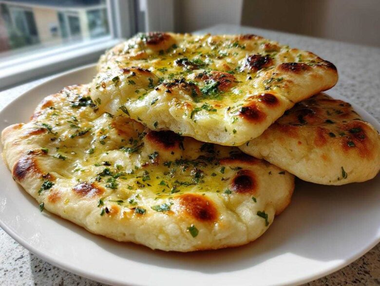 Three pieces of soft naan bread brushed with melted butter and topped with chopped parsley, resting on a white plate.