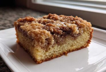 A close-up of a moist slice of sour cream coffee cake featuring a thick cinnamon streusel topping on a white plate.