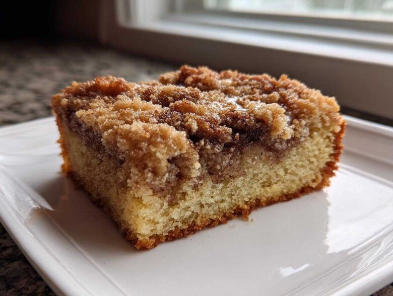A close-up of a moist slice of sour cream coffee cake featuring a thick cinnamon streusel topping on a white plate.