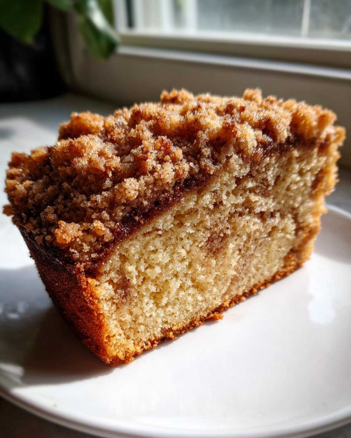 A close-up slice of moist sour cream coffee cake featuring a thick, buttery cinnamon streusel topping.