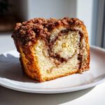 Close-up of a moist slice of sour cream coffee cake featuring a cinnamon swirl and thick crumbly streusel topping.