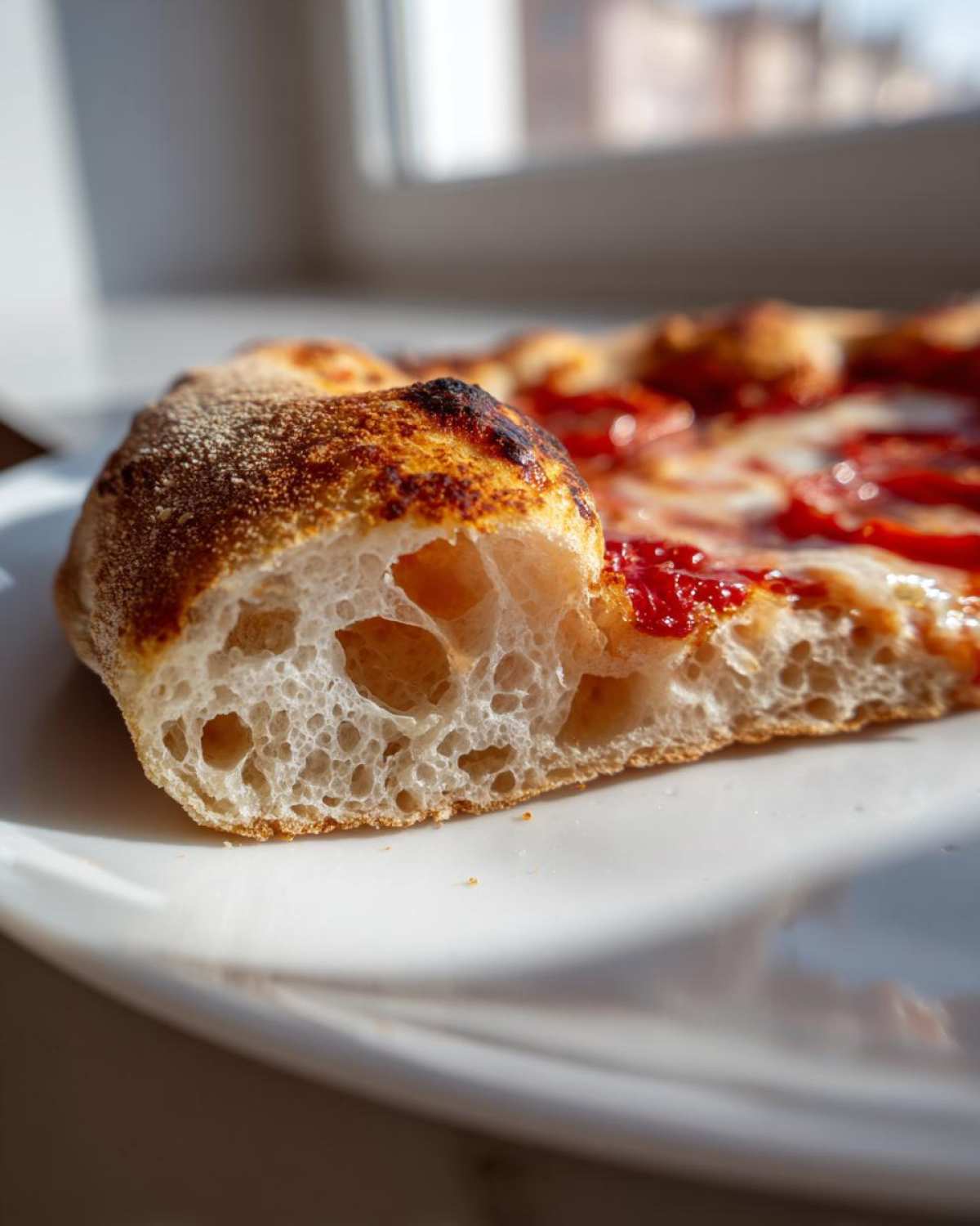 Close-up of a slice of pizza showing the airy, open crumb structure of the sourdough discard pizza dough crust.