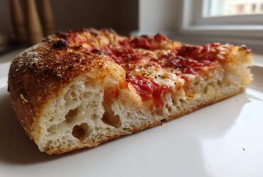 Cross-section view showing the airy crumb structure of a slice of pizza made with sourdough discard pizza dough.