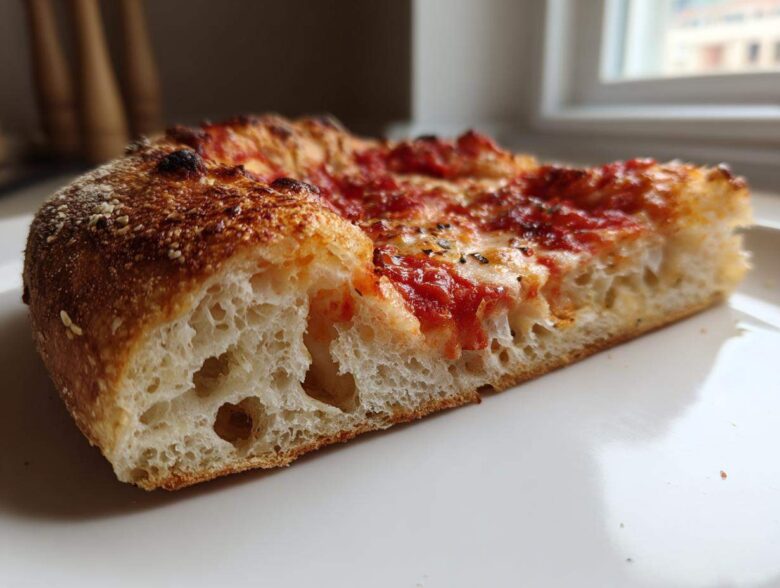 Cross-section view showing the airy crumb structure of a slice of pizza made with sourdough discard pizza dough.