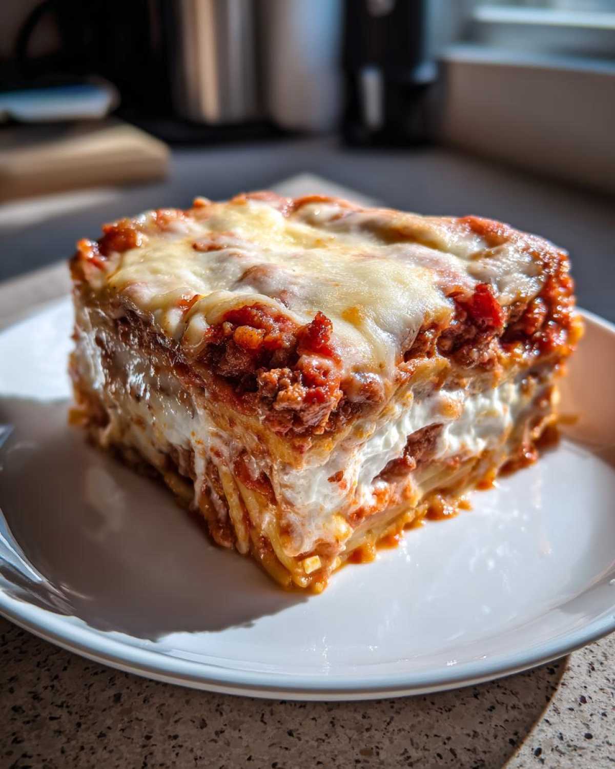 A thick, square slice of baked spaghetti pie layered with meat sauce and ricotta, topped with melted mozzarella cheese.