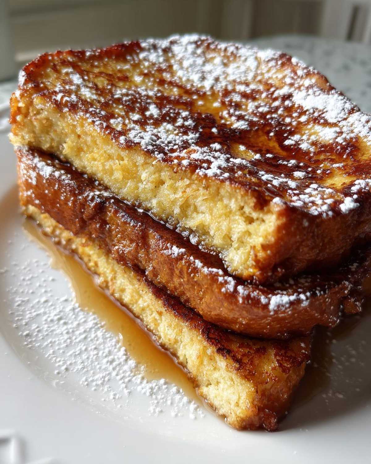 Close-up of a stack of three golden brown slices of easy french toast drizzled with syrup and dusted with powdered sugar.