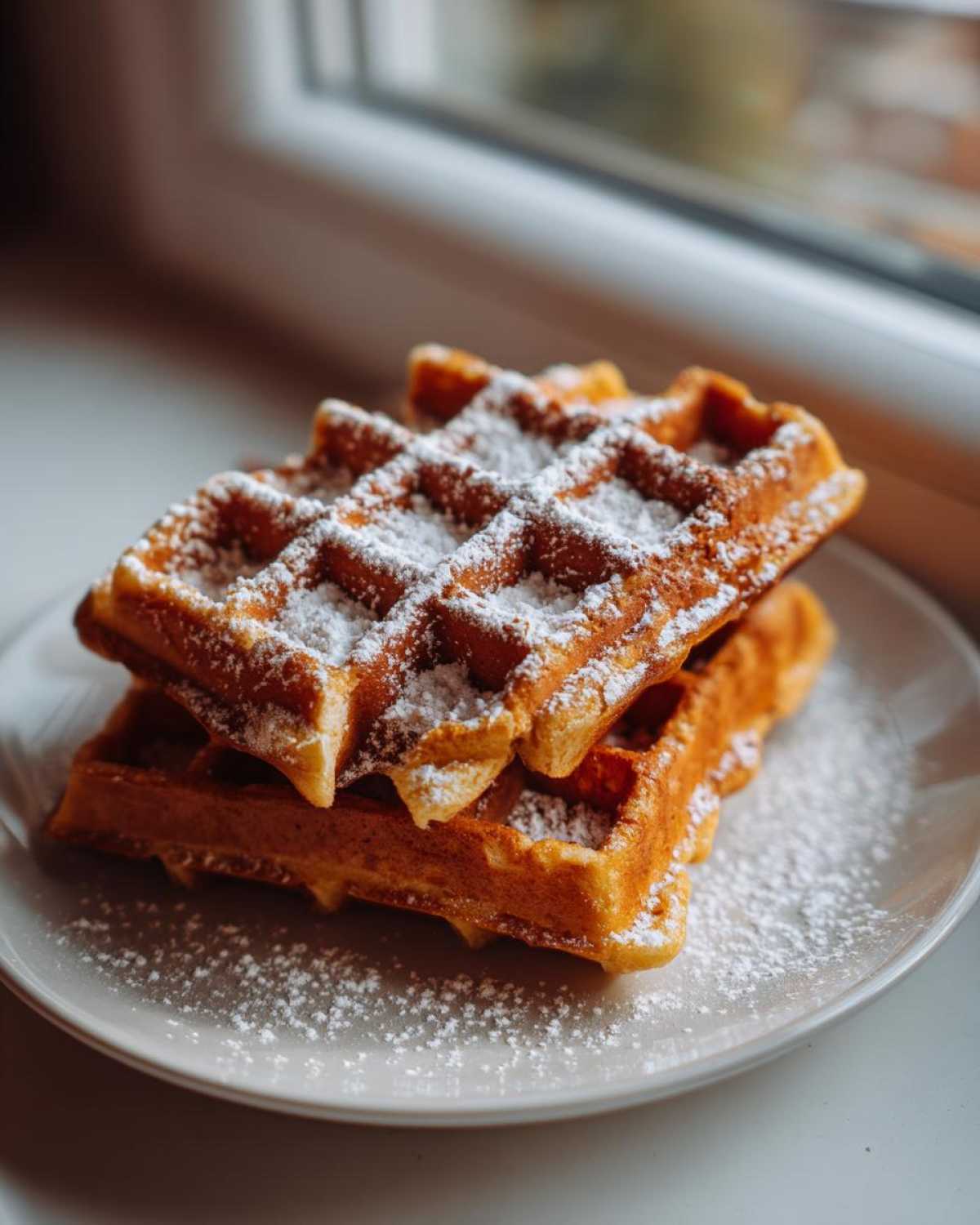 A stack of two golden brown high protein waffles dusted generously with powdered sugar on a white plate.