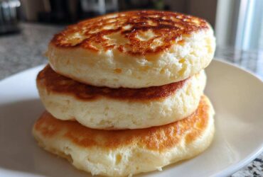 A close-up stack of three thick, fluffy pancakes showing golden brown, perfectly cooked tops.