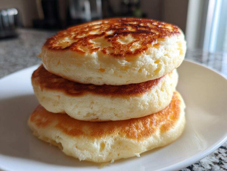 A close-up stack of three thick, fluffy pancakes showing golden brown, perfectly cooked tops.