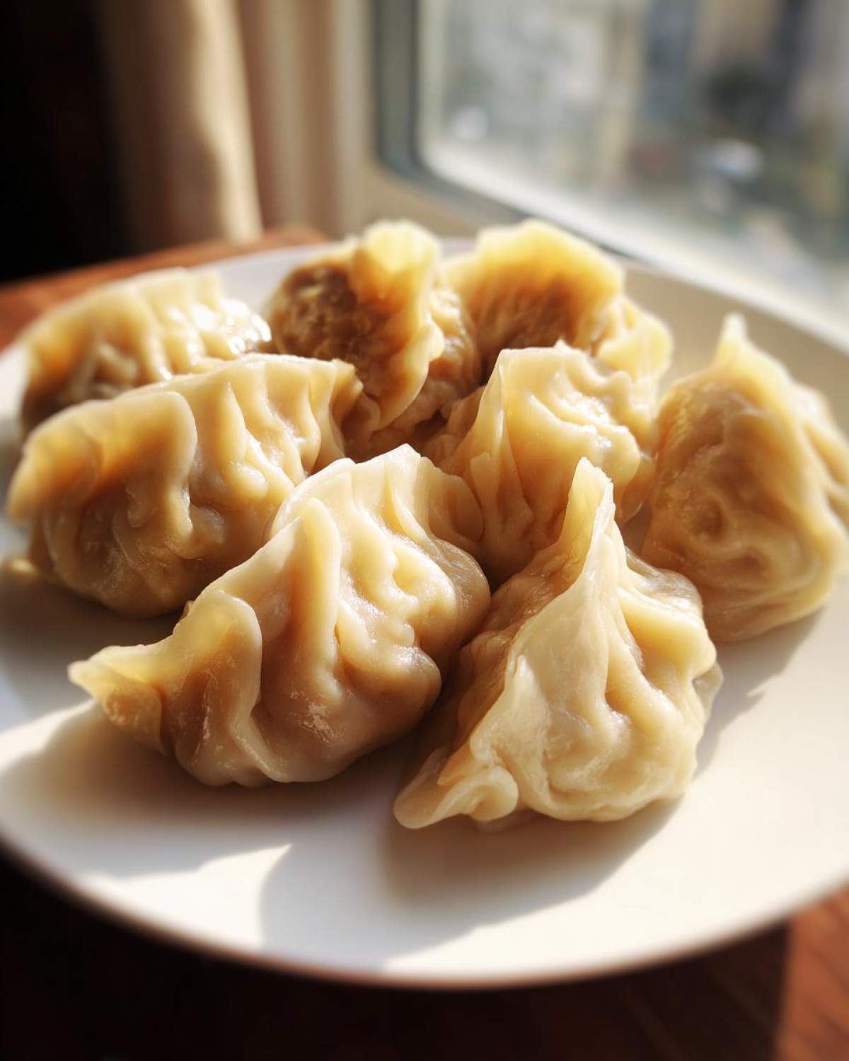 A close-up of several freshly steamed Traditional Chinese Dumplings arranged on a white plate, highlighted by natural sunlight.