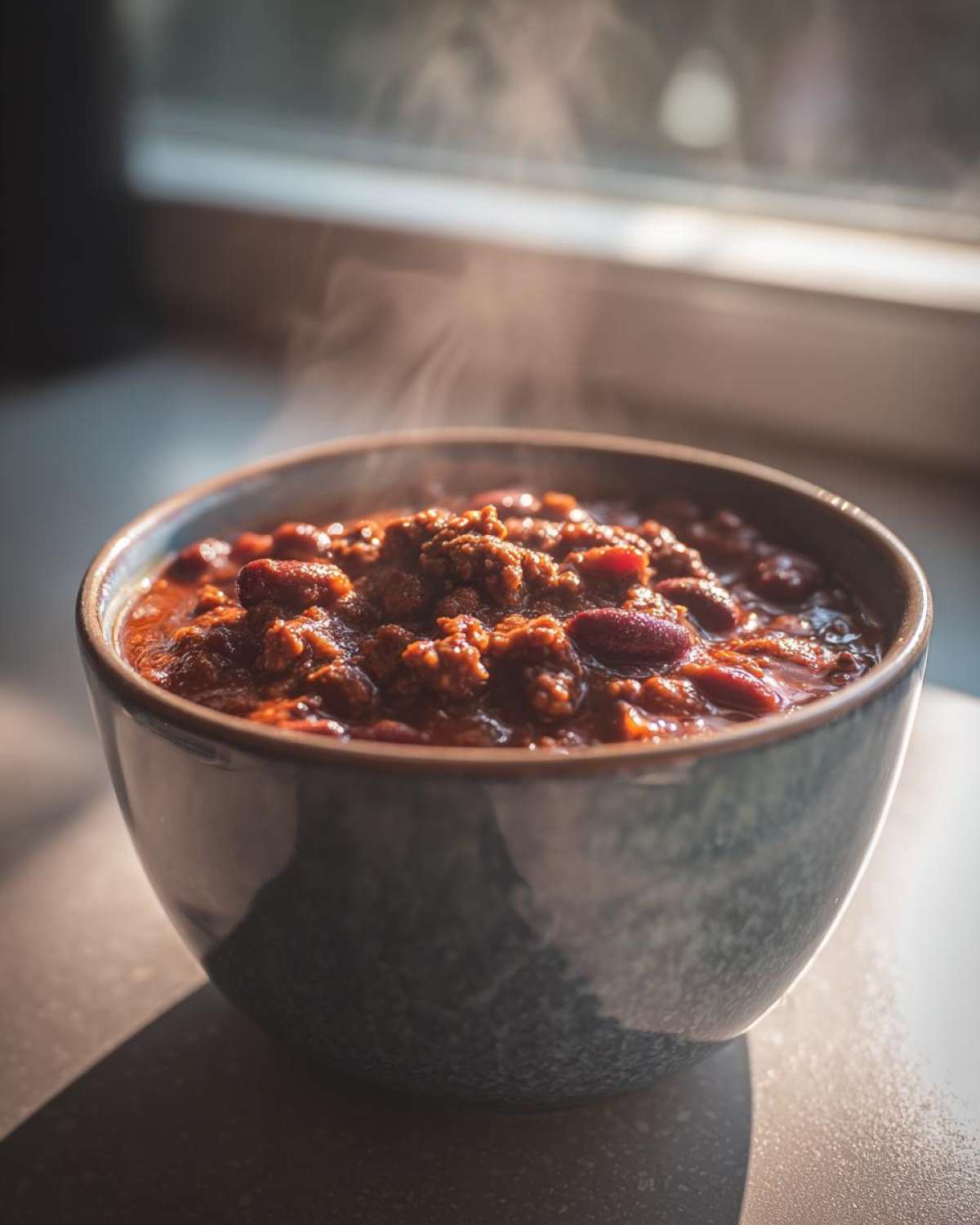 Close-up of a steaming bowl of rich, hearty crockpot chili filled with ground meat and kidney beans.