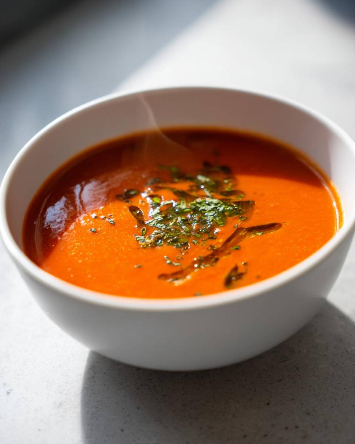 Close-up of a steaming white bowl filled with vibrant orange tomato bisque, garnished with fresh herbs and olive oil.